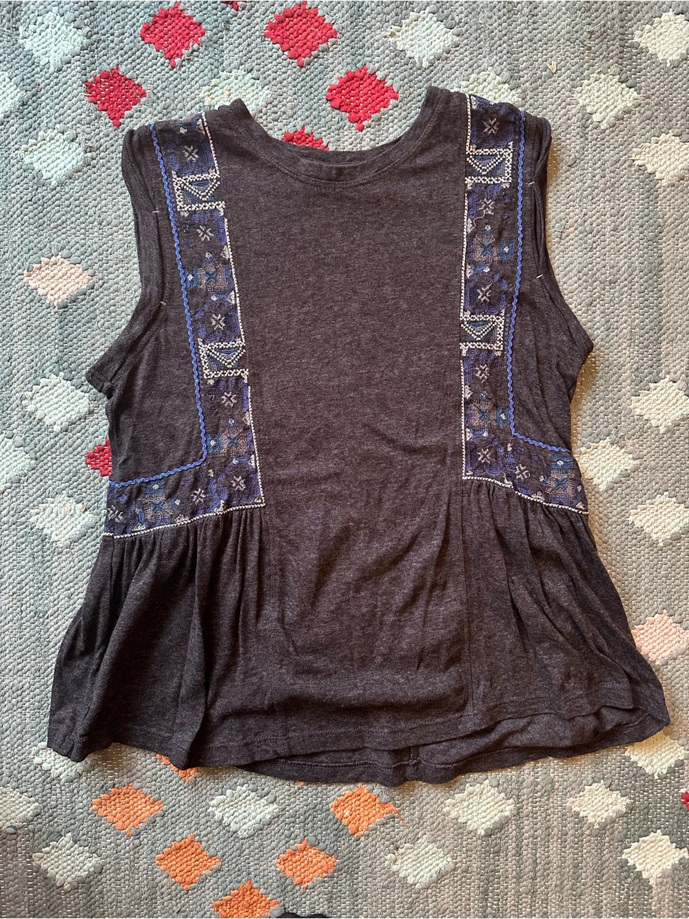 Free People Charcoal Embroidered Peplum Tank with Blue Accents